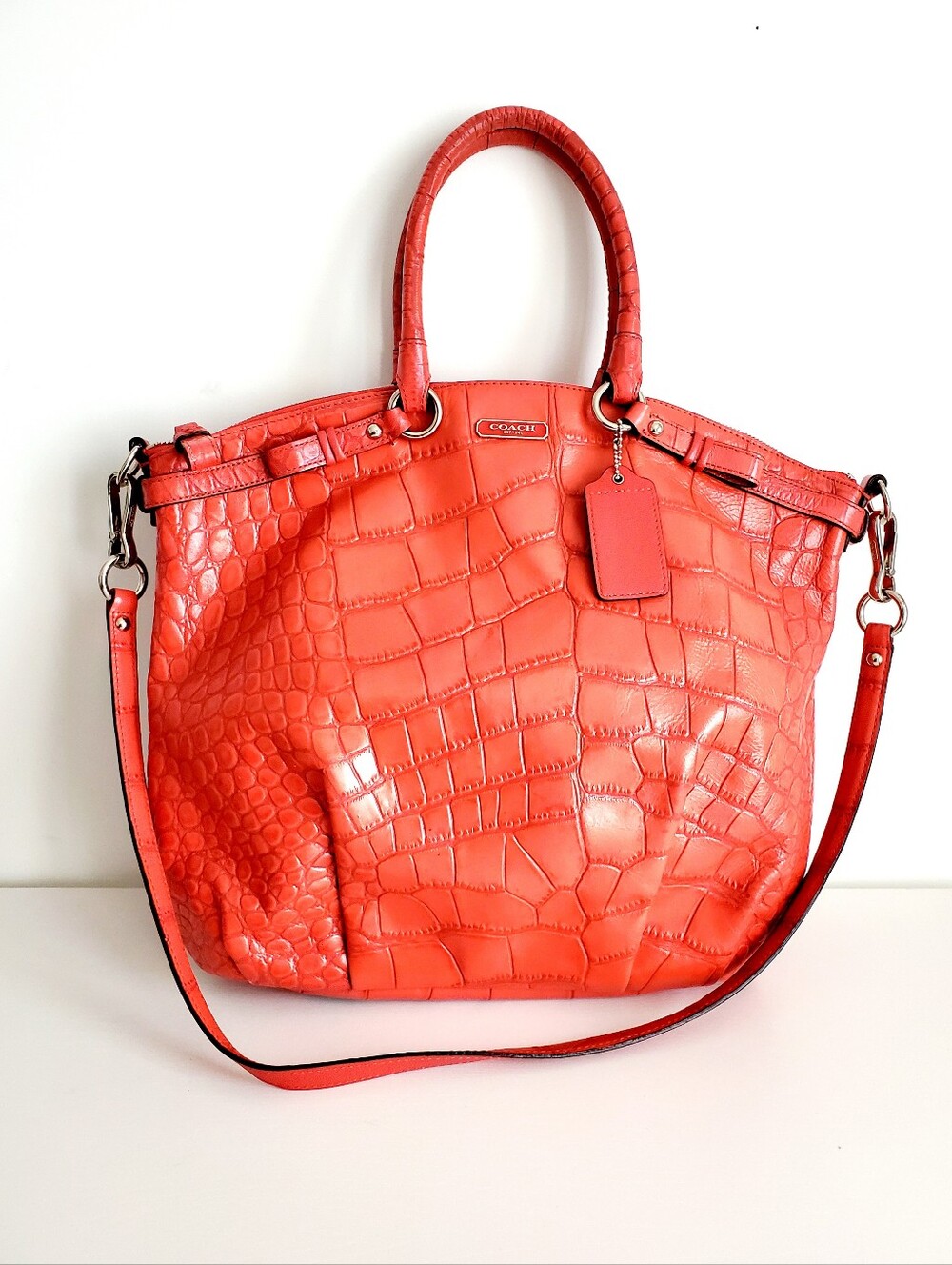 Coach Coral-Red Croc-Embossed Leather Shoulder Bag Coach - Picture 1 of 8
